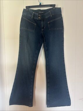 Y2K Dark Blue Flare Jeans with Front Patch Pockets - Mudd
